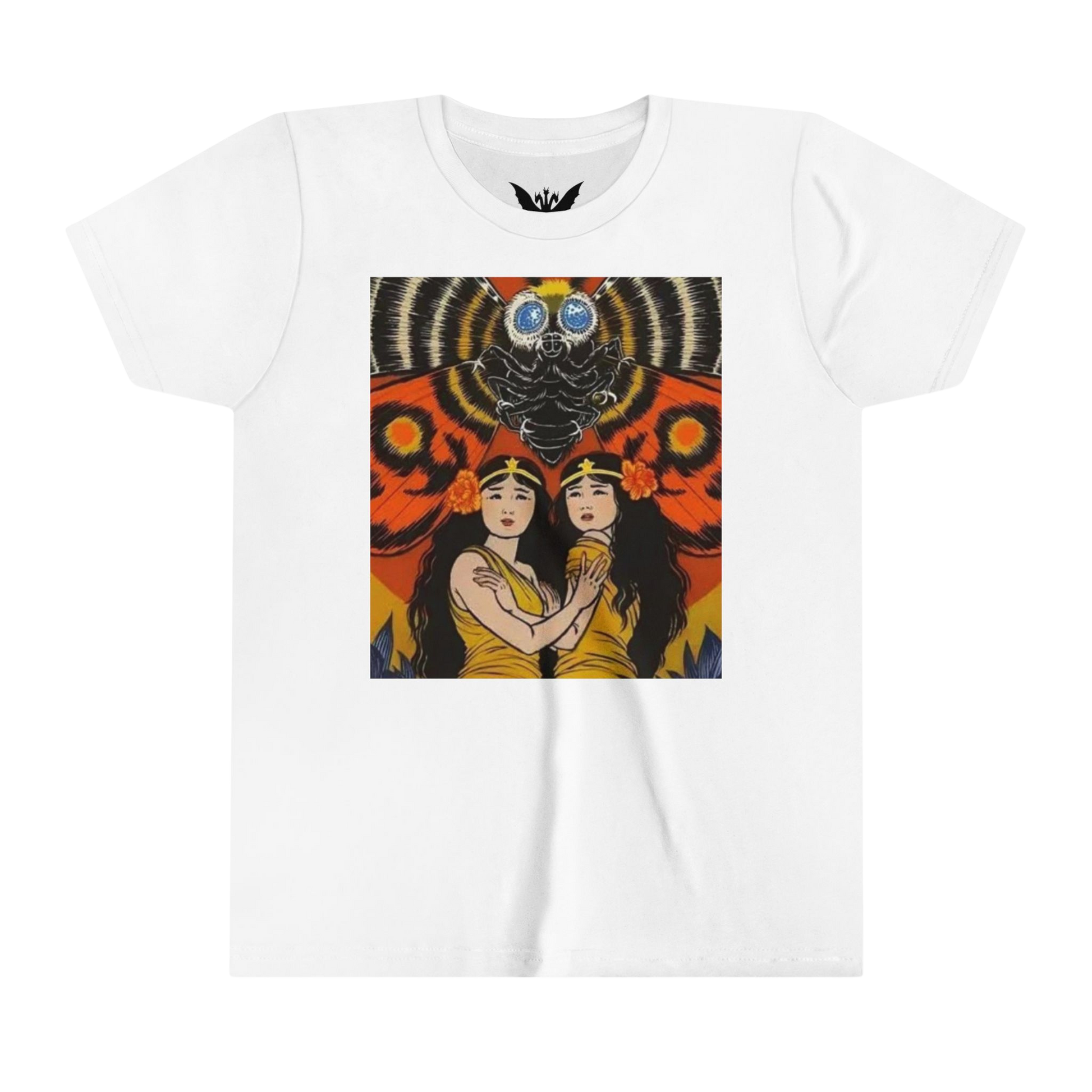 Mothra kids t-shirt — soft white cotton tee featuring colorful kaiju wings design