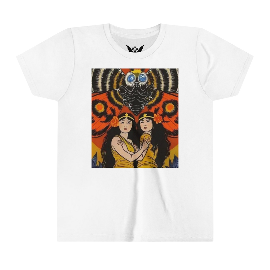 Mothra kids t-shirt — soft white cotton tee featuring colorful kaiju wings design