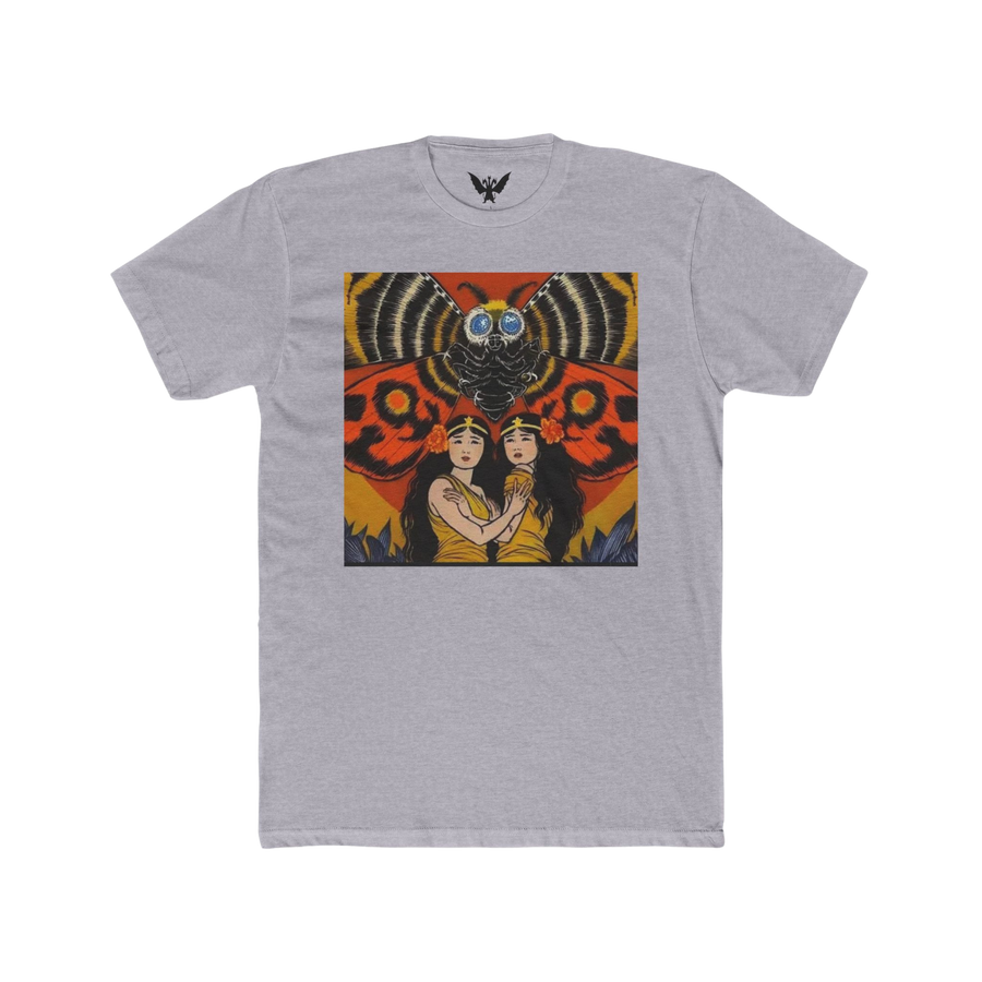 Mothra and the Fairies t-shirt — mystical design featuring Shobijin twins and Mothra in flight

