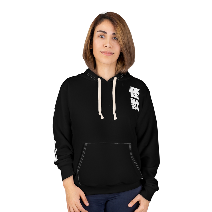 Female model wearing Godzilla vs SpaceGodzilla pullover hoodie — 90s monster clash design for fans