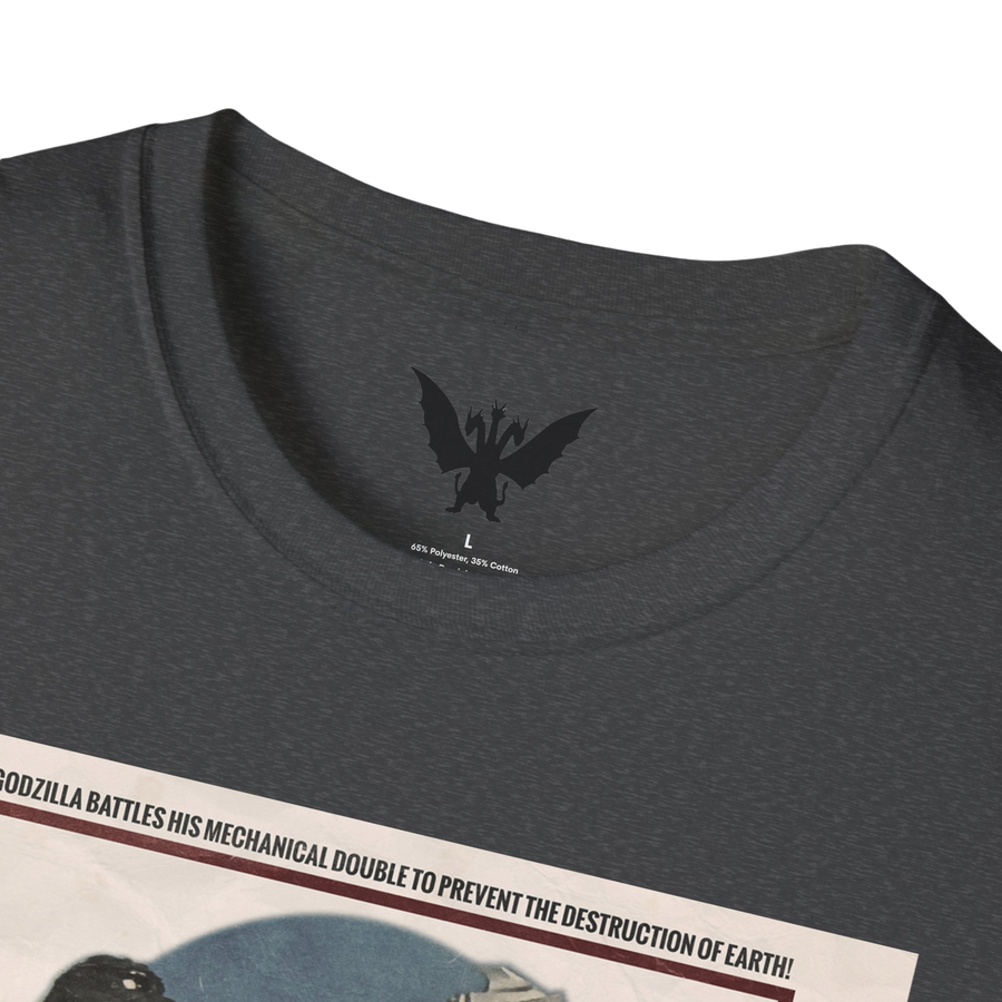 Close-up of Black Heather 1974 Godzilla vs Mechagodzilla poster art — vibrant colors and detailed kaiju battle print