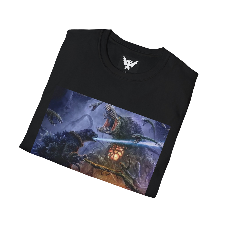 Folded Godzilla vs Biollante t-shirt showcasing front graphic design in black color