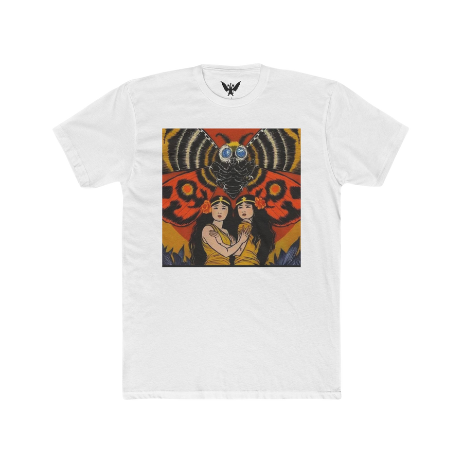 White Mothra and the Fairies t-shirt — mystical design featuring Shobijin twins and Mothra in flight