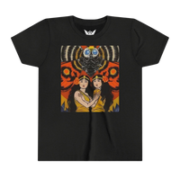 Mothra kids t-shirt — soft black heather cotton tee featuring colorful kaiju wings design
