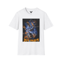 Mechagodzilla vs Godzilla t-shirt with battle scene design — classic kaiju showdown on white cotton tee