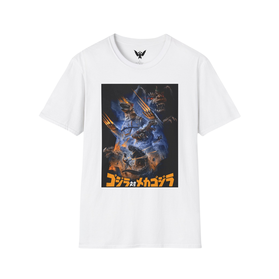 Mechagodzilla vs Godzilla t-shirt with battle scene design — classic kaiju showdown on white cotton tee