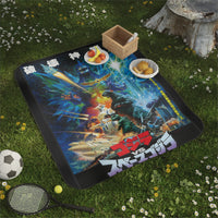 Space Godzilla blanket laid out at the park — ideal for picnics, festivals, or stargazing