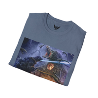 Folded Godzilla vs Biollante t-shirt showcasing front graphic design in blue color
