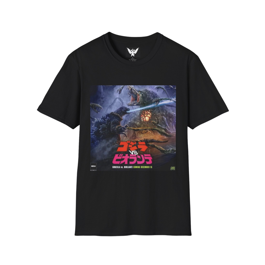 Vintage-style Godzilla vs Biollante 1989 battle graphic on t-shirt — classic kaiju showdown for monster movie fans in black