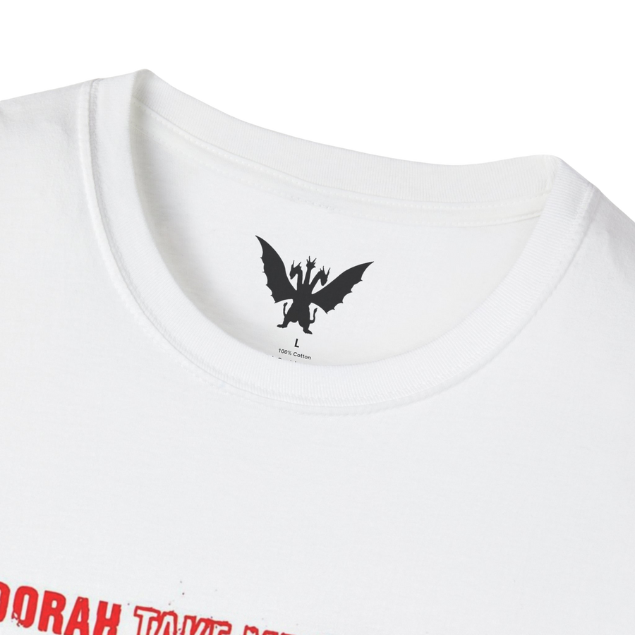 Close-up of Take Me to Your Leader print — detailed album cover art on soft t-shirt fabric