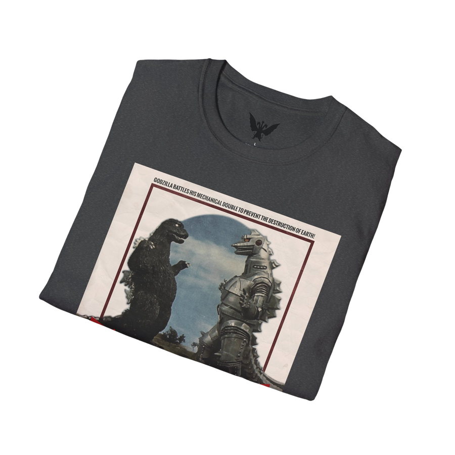 Folded Black Heather Godzilla vs Mechagodzilla 1974 tee — collectible monster movie apparel
