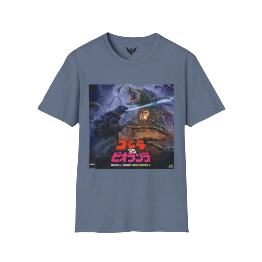 Vintage-style Godzilla vs Biollante 1989 battle graphic on t-shirt — classic kaiju showdown for monster movie fans in blue